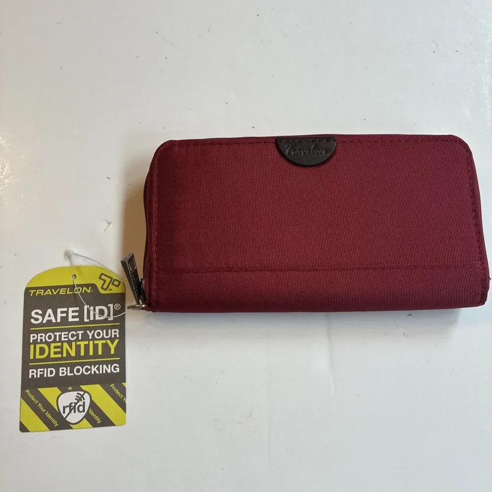 Travelon Wallet RFID Blocking Anti Theft Safe ID Deep Red /Beige Brand New